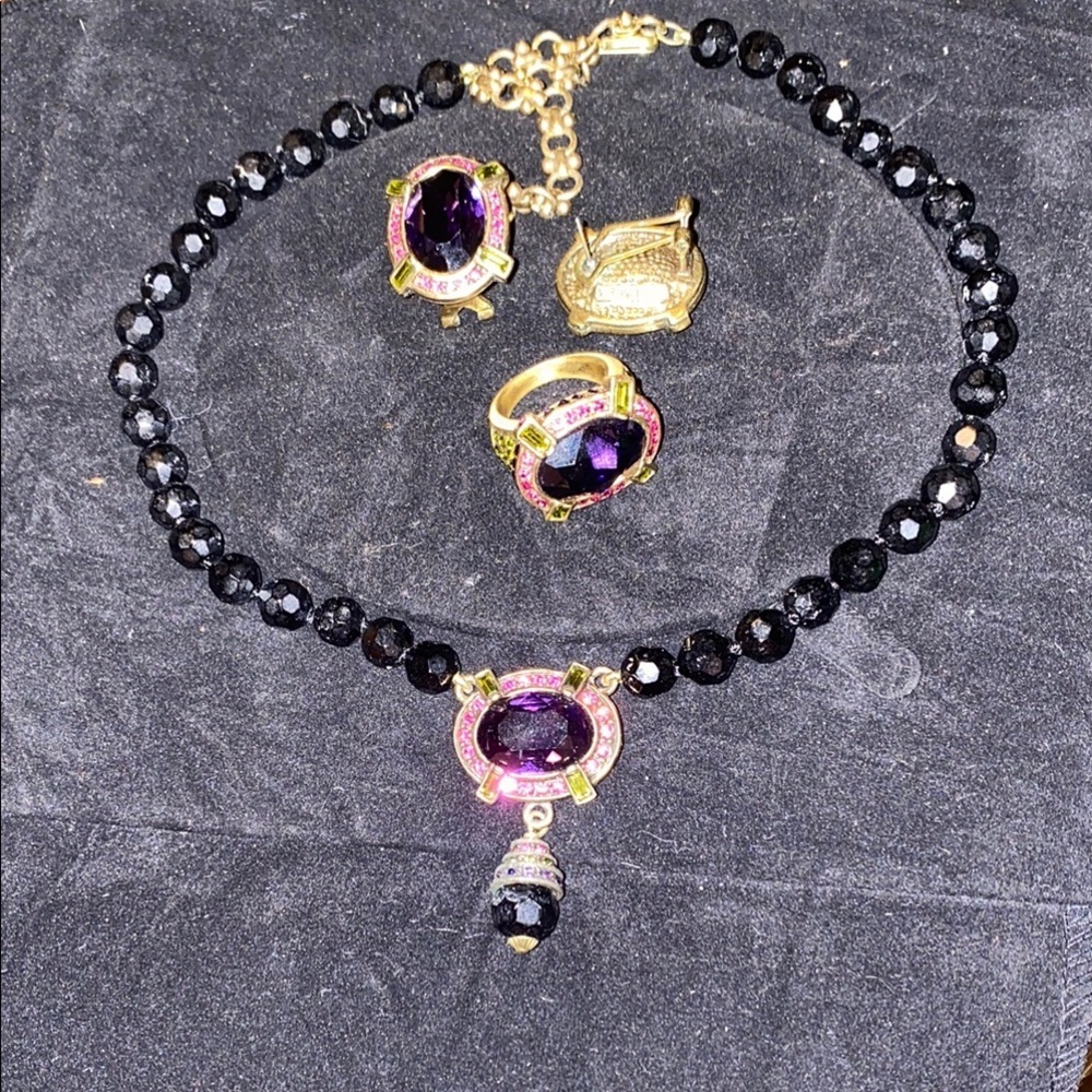 Heidi Daus Rare Set Crystal Swarovski Black, Pink, And Purple Jewelry Set